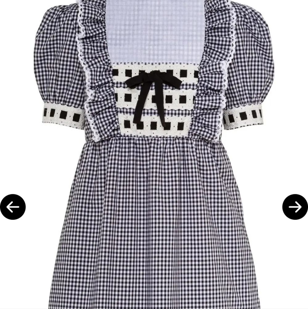 Miu Miu Embroidered Gingham Cotton Dress NWT Black White Lace Bow IT 42 / US 8